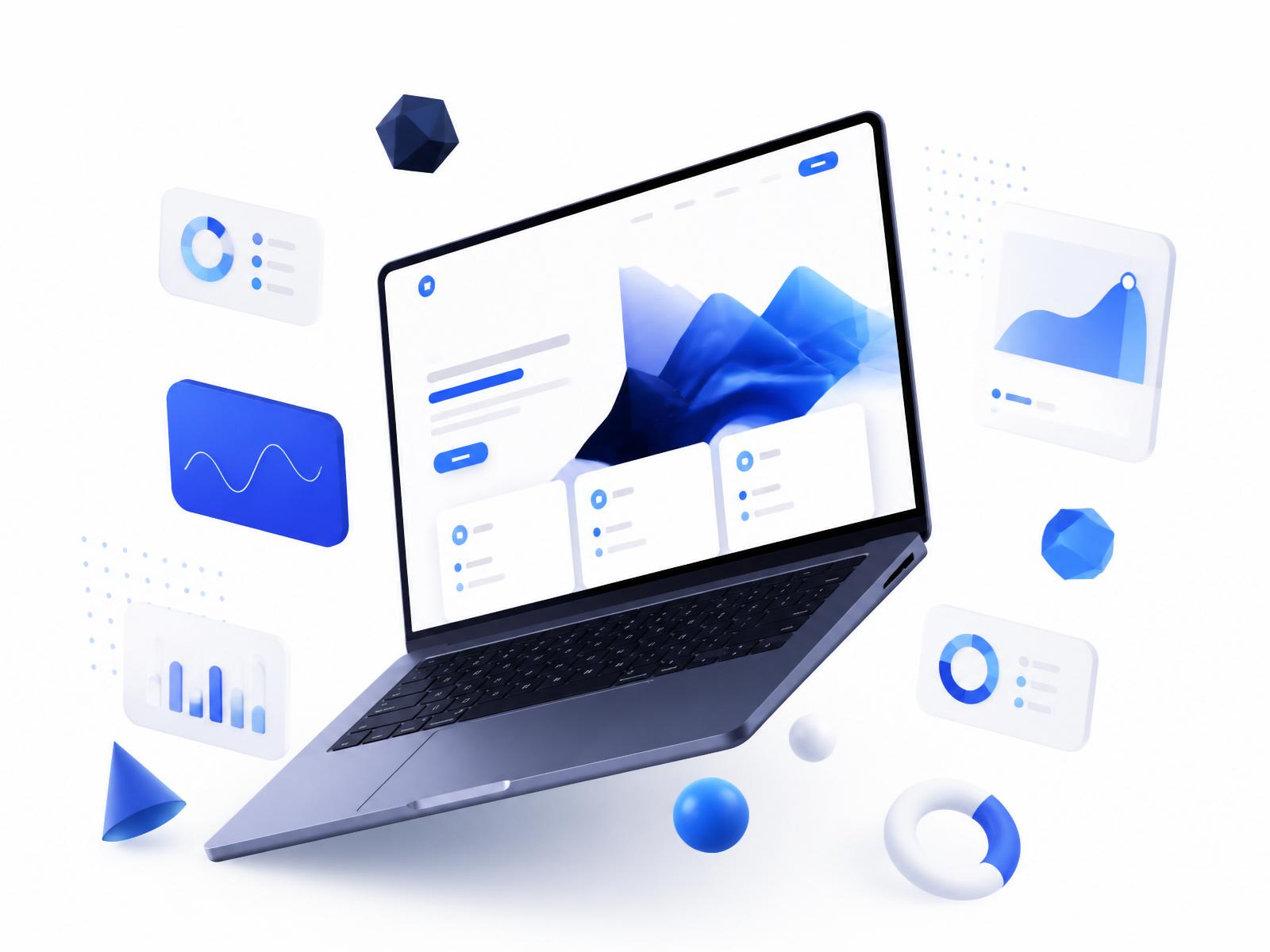 Modern website design mockup on a floating laptop